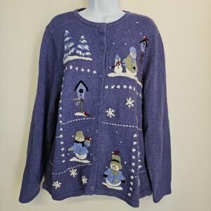 Croft & Barrow Blue Snowman Sweater Size 1X Novelty Print Christmas Grandmacore‎